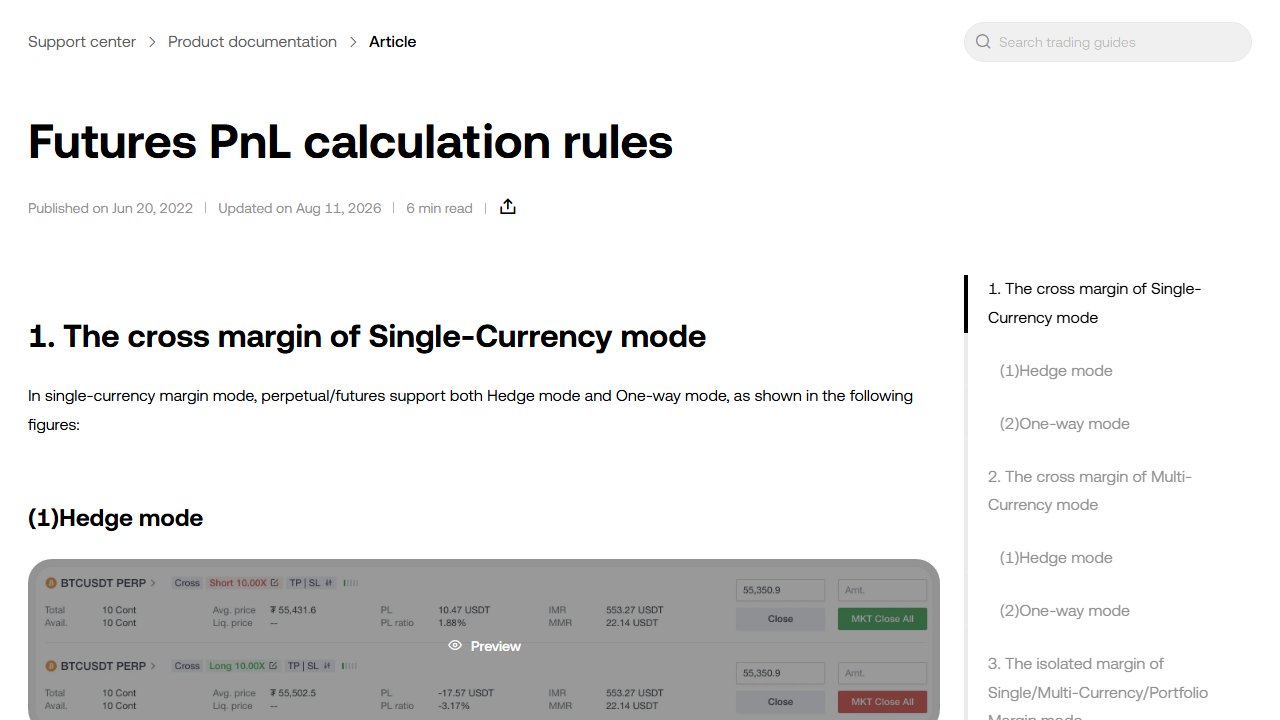 okx.com 官方页面截图：Futures PnL calculation rules
